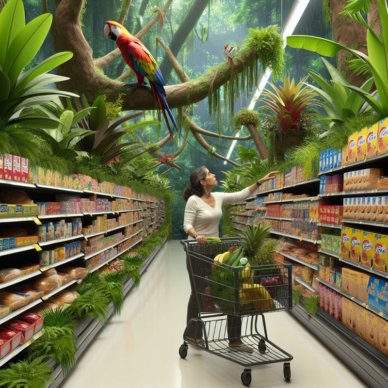 Woman shopping in store that looks like a jungle.