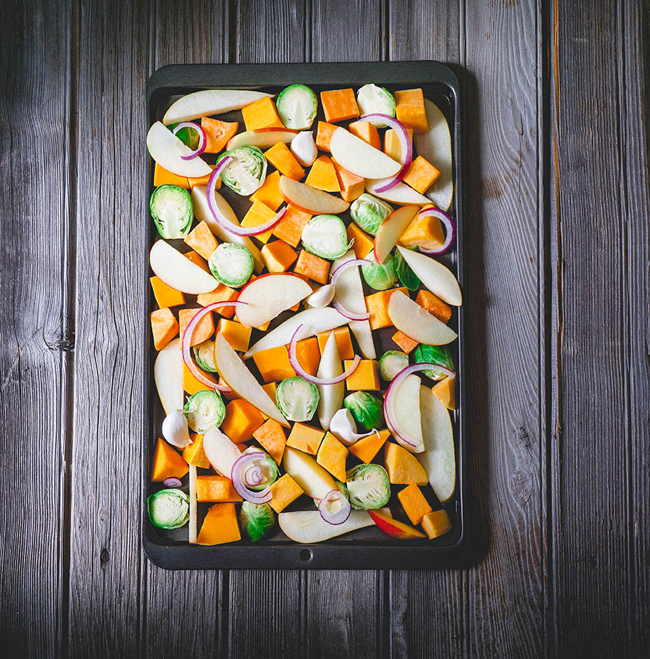 Sheet of vegetables ready to roast